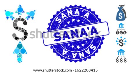 Mosaic share payment icon and distressed stamp seal with Sana'A phrase. Mosaic vector is created with share payment pictogram and with scattered spheric items. Sana'A stamp seal uses blue color,