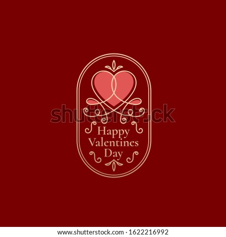 Valentines Day Abstract Curly Heart Label with Oval Retro Frame and Vintage Typography. Gold and Red Classy Colors Greeting Logo or Card Layout. Isolated.
