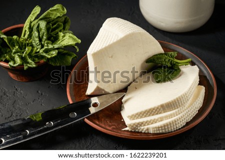 Homemade feta cheese sliced into pieces and a can of sour milk as a raw material for the product on a dark background.