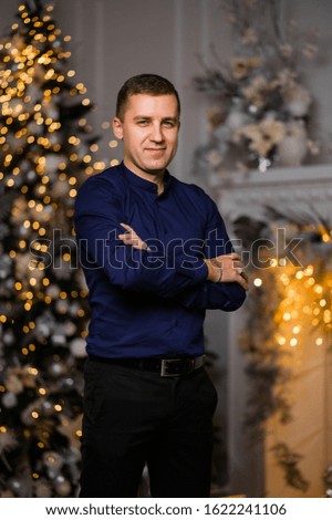 Stately gorgeous man in a shirt near a New Year tree with a garland