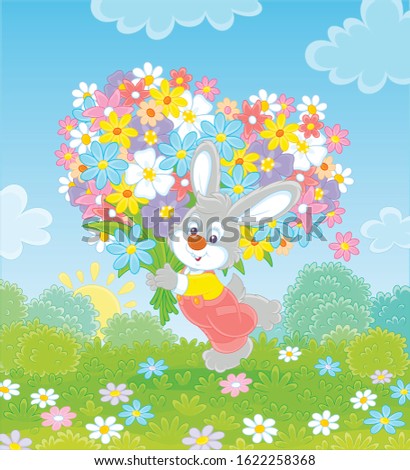 Little grey bunny with its big bouquet of colorful wild flowers on a pretty summer field, vector cartoon illustration