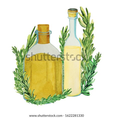 Composition of two bottles of different sizes with oil and rosemary isolated on a white background. Suitable for culinary printing, fabrics, scrapbooking, oil design.