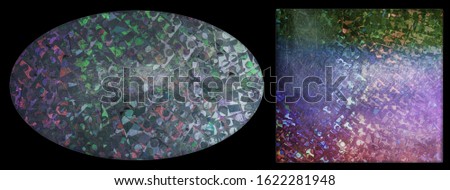 two cool metallic holo stickers on black with scratches, sticky holographic iridescent color foil tapes or snips for your design poster.