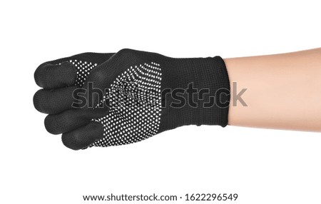 Hand in a black glove on an isolated white background. Gesture to hold