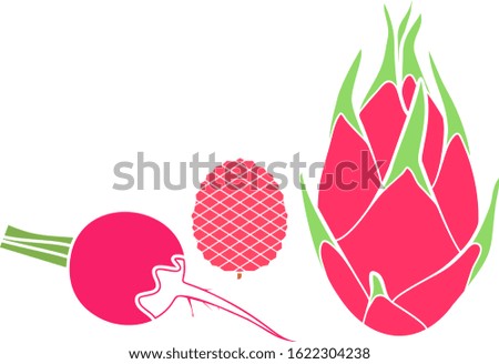 Set of pink fruits and vegetables in flat style isolated on white background
