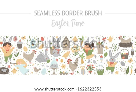 Vector Easter seamless pattern brush. Christian holiday themed background. Repeating border with bunny, eggs and happy children isolated on white background