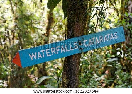 Signpost waterfalls cataratas, Savegre valley, Los Quetzales National Park, Costa Rica