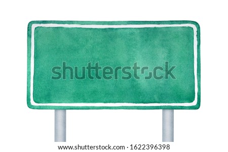Green traffic road sign with empty board and white border, front view. Hand drawn water color graphic painting on white background, isolated clip art element for creative design, template, poster.
