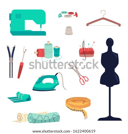 Sewing supplies set isolated on white background - sewing machine, thread and needle, buttons and fabric scraps. Needlework accessories - flat vector illustration.