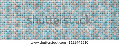 Geometric pattern or floor and wall surface. Blue and orange mosaic tiles wide panoramic wallpaper.