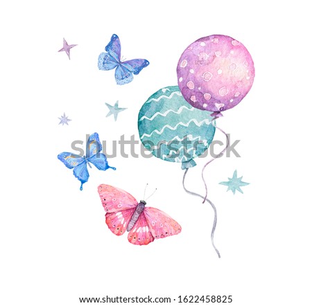 Watercolor cute illustration colorful pink balloons with blue butterflies isolated and stars on white background. Hand draw clip art for greeting, invite, birthday card