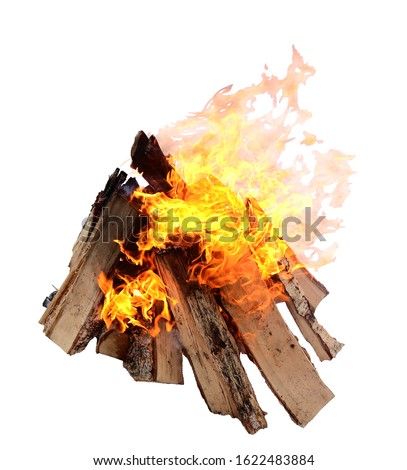 Campfire isolated on white background. Closeup of a pile of firewood burning with orange and yellow flames. Royalty-Free Stock Photo #1622483884