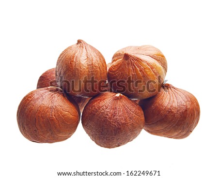 Forest nuts hazelnuts isolated on white background.