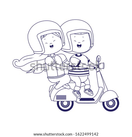 happy girl and boy riding a classic motorcycle over white background, flat design, vector illustration