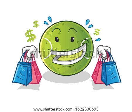 tennis ball shopping and holding shopping bags cute chibi cartoon. cartoon mascot vector