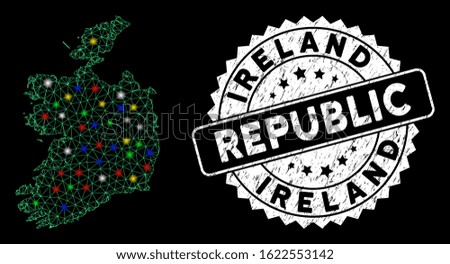 Bright mesh Ireland Republic map with glare effect, and watermark. Wire carcass triangular Ireland Republic map mesh in vector format on a black background. White round seal with distress textures.