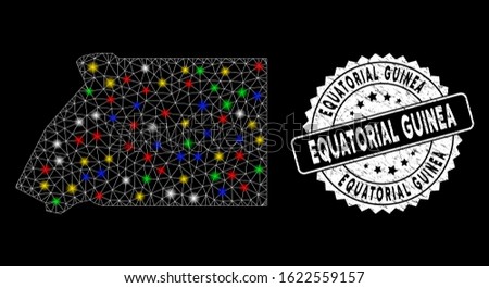Bright mesh Equatorial Guinea map with glare effect, and seal stamp. Wire carcass polygonal Equatorial Guinea map mesh in vector format on a black background.