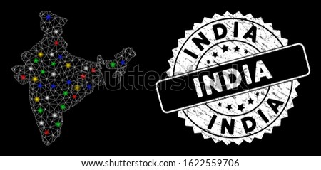 Bright mesh India map with glare effect, and stamp. Wire frame polygonal India map mesh in vector format on a black background. White round stamp imprint with distress texture.