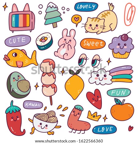 Set of Kawaii Icons, Cute Sticker Collection, Fashion Patches Design