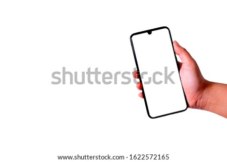 hand holding black phone isolated on white background and copy space