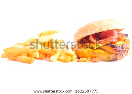 A picture of crispy cheesy bbq grilled burger with fries on white background.