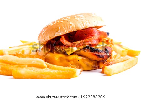 A close up picture of crispy cheesy bbq grilled burger with fries on white background.