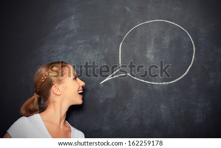 Concept woman said at a blank blackboard with chalk painted icon Royalty-Free Stock Photo #162259178
