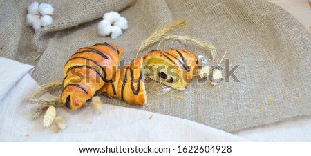 Croissants with chocolate filling on a tablecloth
