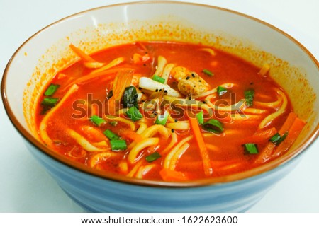 A picture of spicy Korean seafood noodle called "jjampong".