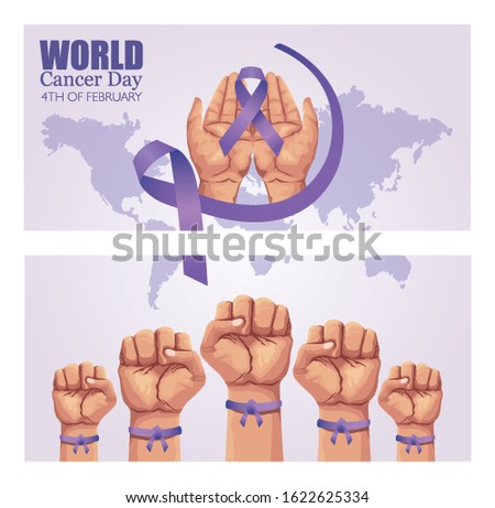 world cancer day poster with hands and ribbon vector illustration design