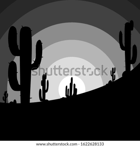 Silhouette desert landscape with cactus and stone. Minimalist black