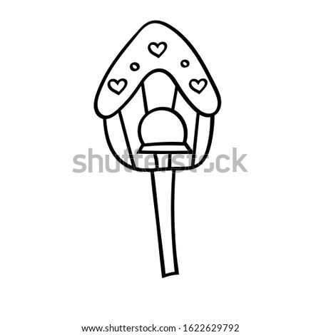 Wooden birdhouse on a stick for birds. Vector illustration in Doodle style. Isolated object on a white background. Design element for children's books-paints, textiles, posters.