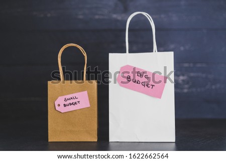 big vs small budget conceptual still-life, different size shopping bags with text on price tags