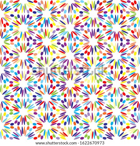 Red, yellow, orange, green, blue, violet rainbow colors firework splash dot seamless pattern on white. Abstract vector floral petal geometric 80, 90 pop ornament with colorful paint blots background