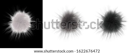 Set of soft pompons. Fluffy black, white and gray balls of fur isolated on a black and white background. Decor, rabbit tail, handmade.