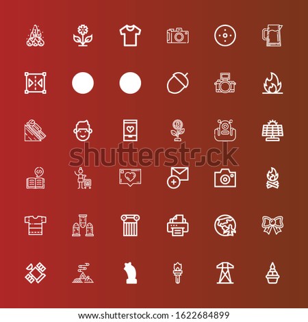 Editable 36 abstract icons for web and mobile. Set of abstract included icons line Flame, Electric tower, Torch, Star, Bonfire, Satellite, Bow, Planet earth, Printer, Column on red