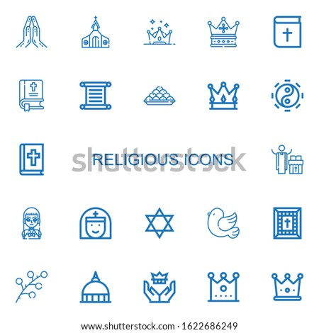 Editable 22 religious icons for web and mobile. Set of religious included icons line Praying, Church, Crown, Bible, Torah, Laddu, Taoism, Priest, Gothic, Nun on white background