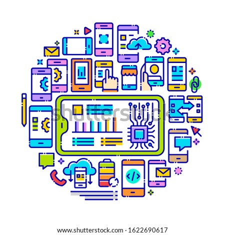Vector background concept related to smartphone. Iconic line art elements such as smartphones and mobile phones in various types of use are included in this graphic template.