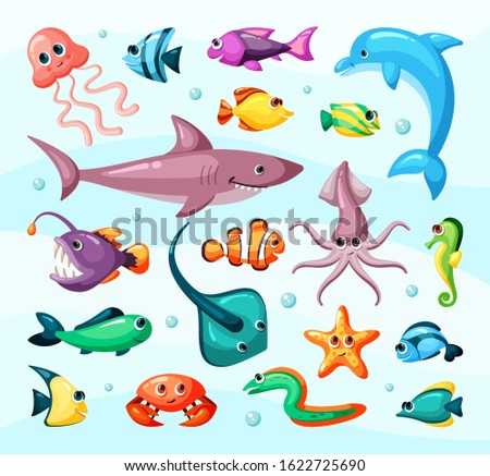 Underwater life, fish colorful flat vector illustration