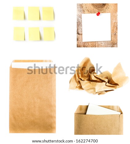 Business collage with recycled paper letter envelope, sticky notes and  crumpled craft  paper isolated on white background. High resolution.