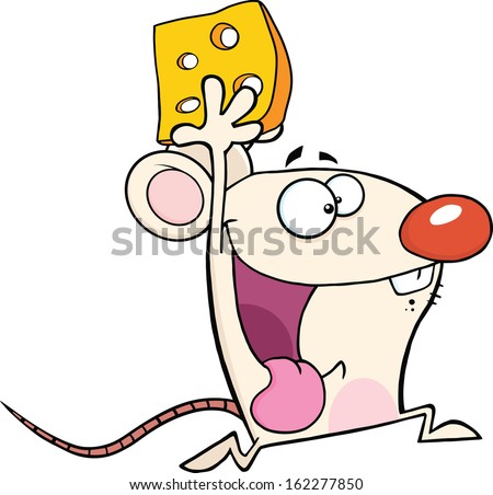 Happy White Mouse Cartoon Mascot Character Running With Cheese. Raster Illustration Isolated on white