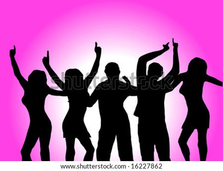 A vector background illustration of a group of dancers in silhouette on a magenta background with a center highlight