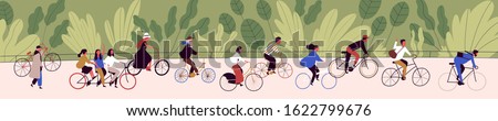 People ride bicycling at bicycle parade vector flat illustration. Active cartoon person cycling on bike path at green nature background. Concept of healthy lifestyle, sports and outdoor recreation. Royalty-Free Stock Photo #1622799676