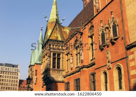 Gothic Wroclaw Town Hall on the market square (Stary Ratusz). Great picture and picturesque scene. Location famous Market Square in Wroclaw, Poland, Europe. The historical capital of Silesia. 