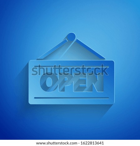 Paper cut Hanging sign with text Open door icon isolated on blue background. Paper art style. Vector Illustration