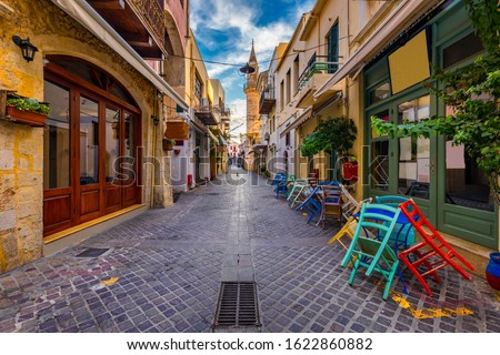 Street in the old town of Chania, Crete, Greece. Charming streets of Greek islands, Crete. Beautiful street in Chania, Crete island, Greece. Summer landscape. Chania old street of Crete island Greece. Royalty-Free Stock Photo #1622860882