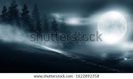 Night futuristic landscape, cold night, smog, trees in the fog. Reflection of the light.