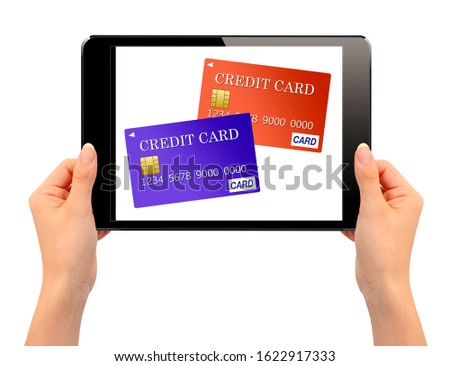 credit card mobile payment hand holding tablet flat design