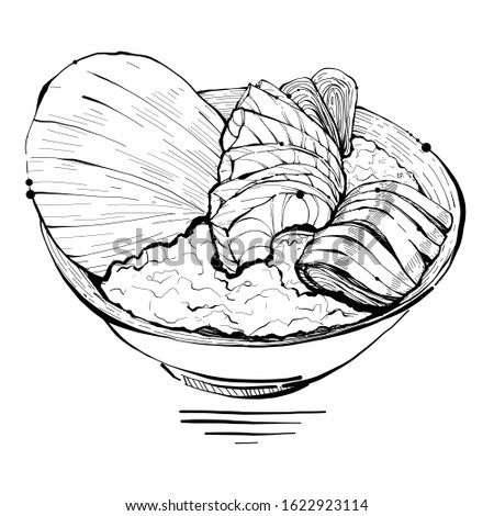 Illustration Hand drawn Japanese food,  
Salmon sashimi menu placed on ice, 
outline monochrome vector eps10.