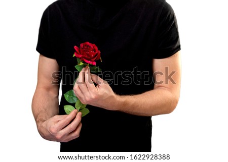 Romantic man holding rose flower on white background
